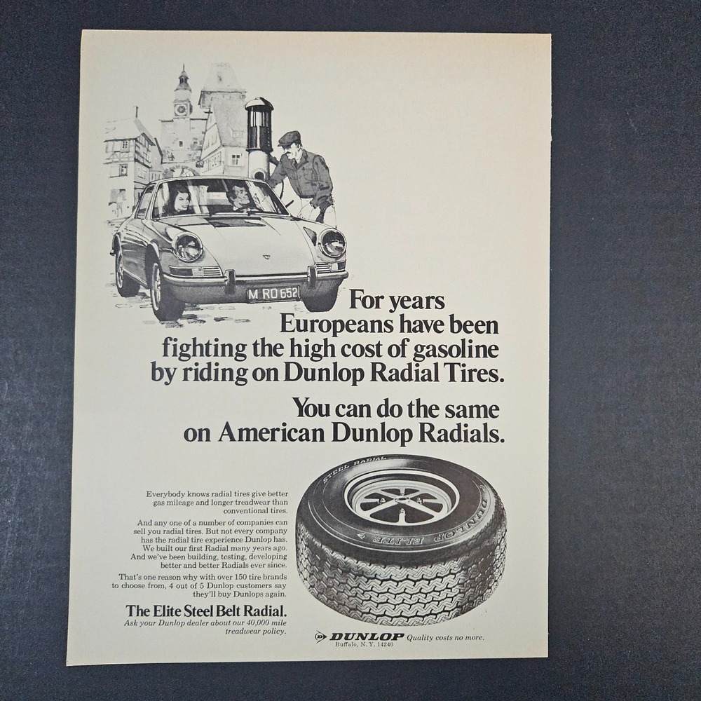 1974 Dunlop Elite Steel Belt Radial Tires Vintage Print Ad Buffalo NY European‎